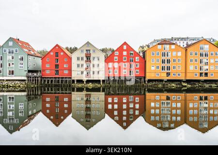 Farbenfrohe Holzhäuser am Ufer der Nidelva in Trondheim, Norwegen, mit wunderschöner Reflexion Stockfoto
