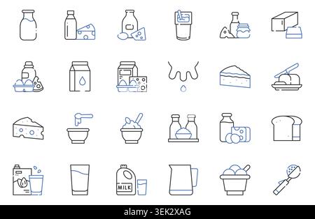 Molkerei Products Line Icons Set Milch, Käse, Joghurt, Butter, Eis, Creme, Brot Bearbeitbare Kontur Vektor-Illustration Stock Vektor