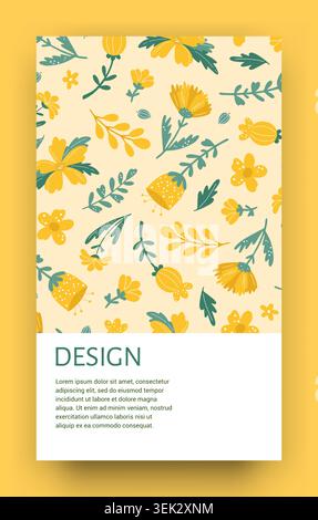 Poster mit Blumenmuster. Handgezeichnete gelbe Blumen und grüne Blätter, süßes modernes Muster für Branding-Design. Flyer mit Kopierraum, vertikalem Banner, dekorativem Ornament. Vektor-isolierte Abbildung Stock Vektor