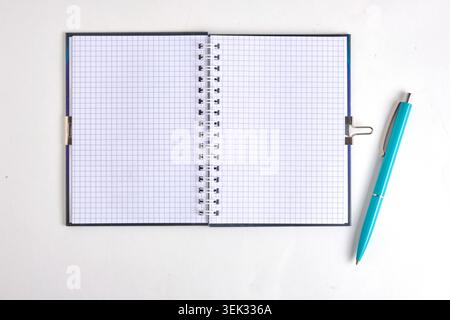 Das offene leere Raster-Notizbuch liegt neben dem blauen Kugelschreiber auf einem sauberen weißen Hintergrund. Draufsicht Stockfoto