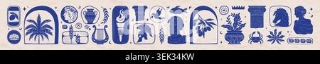 Griechisches Logo. Mediterrane, olivgrüne Sommereinrichtung, Säule und Vase. Handgezeichnete antike mythologische Formen, antike Kultur mit ornamentalem Design, blaue Statuen mit Pflanzen. Vektor-isolierte Elemente festgelegt Stock Vektor