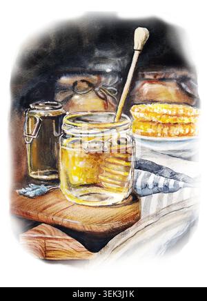 Aquarellabbildung eines Honigglases mit einem Holzlöffel. Gemütliches rustikales Stillleben Gemälde mit süßem Honig, Pfannkuchen und dunklem Hintergrund Stockfoto