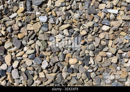 Natürliche Kiessteine Textur Hintergrund. Nahaufnahme von gemischten Kiessteinen, die eine raue natürliche Textur für Landschaftsgestaltung, Bau und Geologie schaffen Stockfoto
