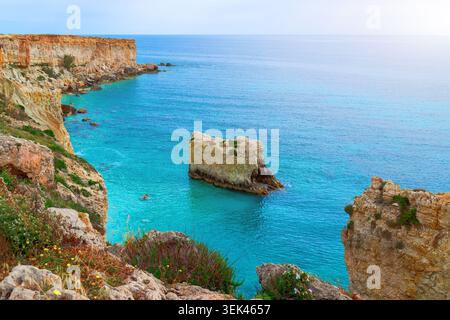 Die Drohnenansicht fängt das pulsierende blaue Meer auf zerklüftete Küstenklippen ein, perfekt für einen tropischen Urlaub Stockfoto