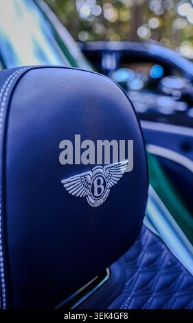 Luxury Car Kopfstützen mit gestepptem Leder und geflügeltem Emblem Stockfoto