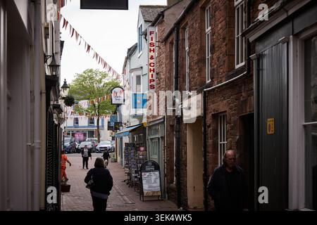 Penrith, Cumbria, enge Straße im Stadtzentrum Stockfoto