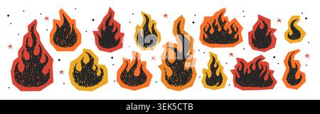 Buntstift Feuer. Einfache Y2K-Vintage-Symbole. Bleistift-Grunge-Textur mit brennender Feuerflamme. Sammlung von Cutout-Papier-Collage-Aufklebern. Vektorabbildung Stock Vektor