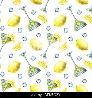 Limoncello-Glas in Aquarellfarbe mit Eiswürfeln und nahtlosem Muster aus Zitronenscheiben. Gelbes Getränk, Getränk, traditioneller italienischer alkoholischer Likör. Handgezeichnet Stockfoto
