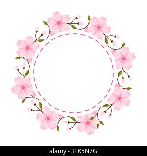 Rosafarbener Kirschblütenkranz mit einem gestrichelten Kreisrand in der Mitte, mit Blumen, Knospen und grünen Blättern auf braunen Zweigen, isoliert auf weiß, s Stock Vektor