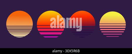 Retro-Wave-Sonnencreme, Sonnenuntergang oder Sonnenaufgang im Stil der 80er Jahre. Vaporwave, Sonne, Strand, Retro, Sonnenuntergang auf dunklem Hintergrund. Glühende Sonne. SCI-fi, abstraktes Cyber-Poster, Druck. Vektorabbildung Stock Vektor