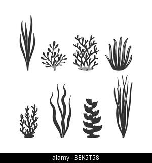 Seetang und Korallensilhouetten Vektorsymbole gesetzt. Sammlung von schwarzem Unterwasser-Seetang, Algen und Meerespflanzen isoliert auf weißem Hintergrund. Ocean Reef li Stock Vektor