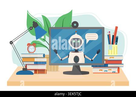 Arbeitsplatz für Online-Kurse, E-Learning, Bildung mit Büchern, Alarm, Monitor mit Roboter isoliert auf weißem Hintergrund Stock Vektor Illustration. Konzept im flachen Stil studieren. Stock Vektor