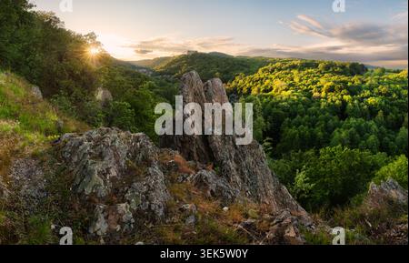 Aus der Vogelperspektive von Cerveny Kamen, Burg aus rotem Stein in den Karpaten in der Slowakei. Stockfoto