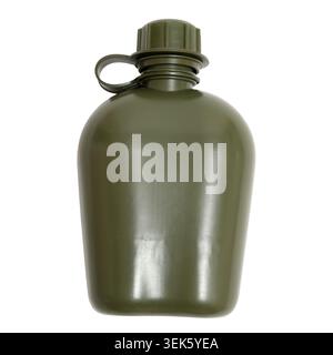 Olivgrüne Militärkantine zur Wasserspeicherung. Kunststoffflasche für Soldaten- oder Wanderausrüstung. Überlebensausrüstung für Outdoor-Aktivitäten, Camping und Bushcra Stockfoto
