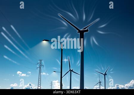 Windturbinen für intelligente Stadtinfrastruktur und Straßenbeleuchtung, erneuerbare Energien, nachhaltiges Stromnetz und Konzept für saubere Technologien Stockfoto