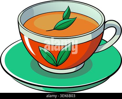 Herbstliche Teetasse mit grünen Blättern. Gemütliche, saisonale Zeichentrickgrafik für Lifestyle- und Getränkedesign. Stock Vektor