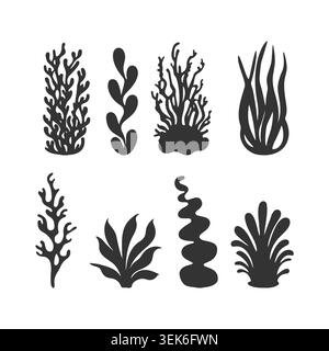 Sammlung von soliden dunklen Meerespflanzen-Silhouetten mit verschiedenen Formen von Seetang, Seegras und Korallenriffen. Minimalistische grafische Formen auf weißem bac Stock Vektor