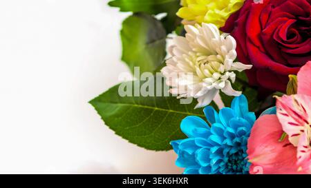 Heller Blumenstrauß mit Rosen und Chrysanthemen. Dekorative Blumenkomposition mit weißem Kopierraum für Grußmotive. Stockfoto