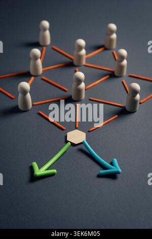 Ein vertikaler Hochwinkel von Holzpflöckern, die in einem Webnetzwerk verbunden sind und zu einem Block führen, der in grüne und blaue Auswahlpfeile unterteilt ist. Stockfoto