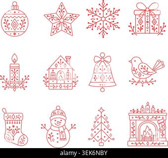 Weihnachtliche Elemente im skandinavischen Folk Linear Style Stock Vektor