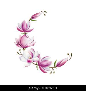 Magnolienzweig mit rosa Blüten. Aquarell Hand gezeichnet Frühling üppige Blüte mit grünen Knospen auf einem Baum Illustration isoliert auf Hintergrund Stockfoto