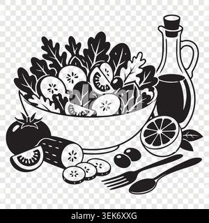 Schwarz-weiße Strichkunst mit frischem Gemüsesalat Schüssel mit Tomaten Gurken, Olivenölflasche und Gabel Stock Vektor