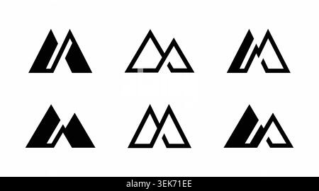 Moderne Vorlage mit Monogramm-Logo und minimalistischen linearen Berggipfeln für Outdoor-Abenteuer Stock Vektor