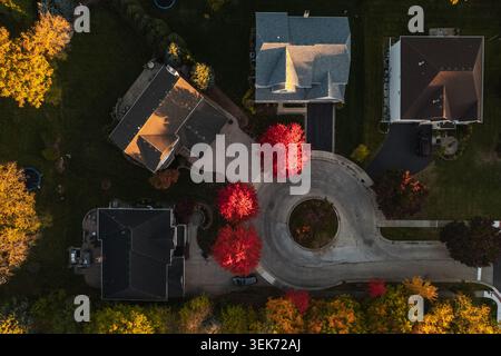Aus der Vogelperspektive der Vorstadthäuser rund um eine Sackgasse mit lebhaftem Herbstlaub und langen Schatten in Palatine, Illinois, USA. Stockfoto