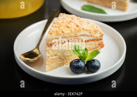 Medovik. Honigkuchen aus Honigkuchen mit geschlagener Sauerrahm, verziert mit Beeren, Granatapfel und Blumen Stockfoto