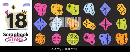 Handgezeichnete Scrapbook Star Sticker Kollektion mit Buntstift Textur. Doodle-Glitzer und Sternenausschnitte. Grobe Kreide-Scribble-Starburst in verspielter Colla Stock Vektor