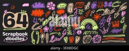 Scrapbook-Doodle-Set mit Buntstiften gezeichneten Sternen, Kronen und Kritzelherzen. Verspielte handskizzierte Ausschnittselemente in funky-naivem Stil. Niedliche Collage sti Stock Vektor