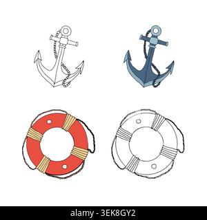 Nautischer Anker und roter weißer Rettungsring. Vektorgrafik handgezeichnete Illustration für Meeresthemen, Sommerdesigns, Küstenlogos, maritim Stock Vektor