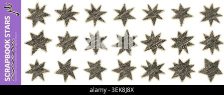 Scrapbook Star Sticker Set. Aussparungen mit Sternchen für Buntstifte. Raue Kreidestruktur und abgerissene Papierkanten im Vintage-Collage-Stil. Verspieltes Starbu Stock Vektor