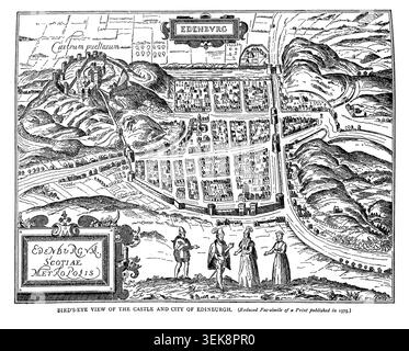 BirdsEye-Ansicht des Schlosses und der Stadt Edinburgh, Vintage-Illustration von 1884 von einer alten Karte, die ursprünglich 1575 veröffentlicht wurde Stockfoto