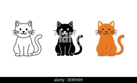 Katze sitzendes Symbol Set Umriss Silhouette und Farbvektor isoliert auf weißem Hintergrund Stock Vektor