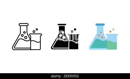 Chemielabor Kolben und Becher Symbol Set Umriss Silhouette und Farbvektor isoliert auf weißem Hintergrund Stock Vektor