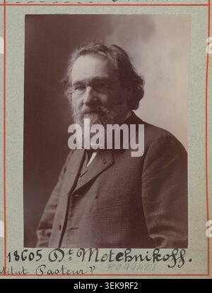 Atelier Nadar fotografierte Elie Metchnikoff in einem formellen Studio-Porträt, das 1890 in Frankreich produziert wurde. Der monochrome Silbergelatinedruck präsentiert den Professor am Institut Pasteur im Portraitformat. Stockfoto