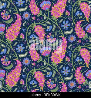 Lebendiges, nahtloses jakobinisches Blumenmuster mit volkstümlichen botanischen Motiven. Vintage Paisley blüht und nachlaufende Reben in Magenta auf marineblauem Hintergrund Stock Vektor