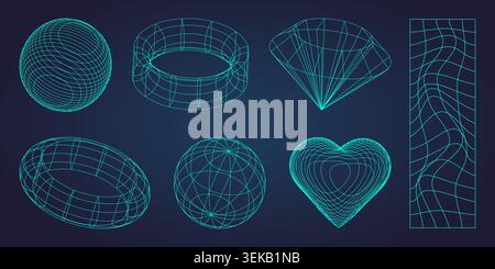 Geometrische 3D-Formen mit Y2K-Drahtmodellgittertextur. Vektor-realistische Illustration von Neonblau Globus, Herz, Diamant, Torus Ikonen, Retro futuristische Netzlandschaft, Designelemente für technischen Hintergrund Stock Vektor