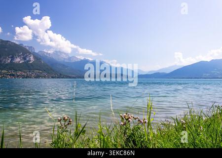 Offener Blick über den Lake Annecy mit grasbewachsenem Vordergrund, mehrschichtigen Bergsilhouetten und hellem Sommerlicht, das sich bis ins entfernte Alpental hinein erstreckt Stockfoto