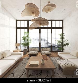 Hölzerner Couchtisch im minimalistischen skandinavischen Wohnzimmer mit Blick auf die Fenster Stockfoto