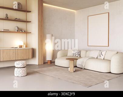 Beigefarbenes Sofa und Bilderrahmen im modernen skandinavischen Wohnzimmer Stockfoto