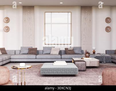 Graues Sofa und Modell mit großem Bilderrahmen im minimalistischen Wohnzimmerstil Stockfoto