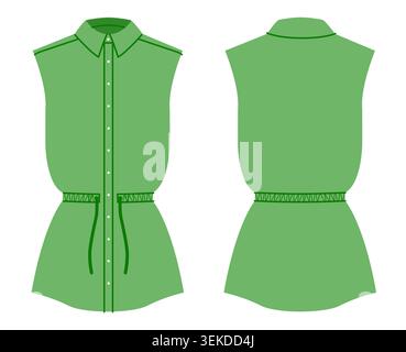 Grünes ärmelloses Hemdkleid mit Knopfverschluss, klassischem Kragen entspannte Silhouette leichte Struktur klare, minimalistische Linien. Illustration technischer Mode in flacher Farbe, Vorderansicht hinten. Vektor Stock Vektor