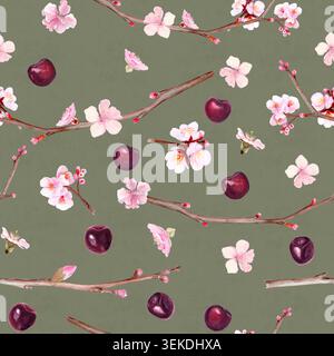 Nahtloses Muster mit kleinen Kirschzweigen, Blütenblüten, einzelnen Blütenblättern und Reifen Kirschen, handgemalte Aquarellillustration auf grauem Grün Stockfoto