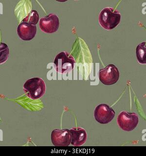 Kirschbeeren, grüne Blätter auf einem weichen grauen grünen Hintergrund. Handgemaltes nahtloses Aquarellmuster. Frucht Illustration ideal für Verpackung, Stoff Stockfoto
