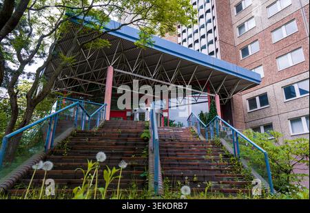 Überwachsene Treppe führt zum Eingang eines Wohnhochhauses im Stadtteil Lichtenberg, Lost Place, Ruschestraße, Berlin. Stockfoto