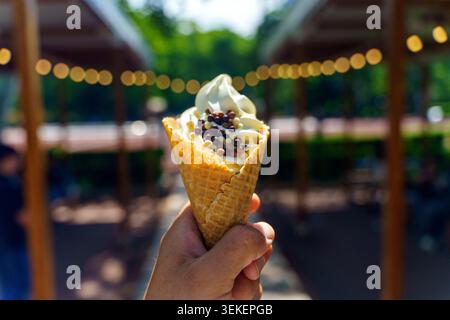 Die Hand hält eine köstliche, weiche Eiscreme mit Schokoladenstreuseln im Freien. Hochwertige Fotos Stockfoto