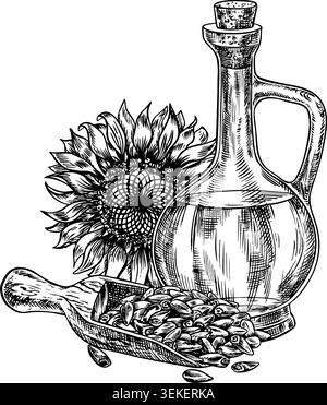 Sonnenblumenöl. Handgezeichnete Schwarz-weiß-Vektorillustration. Glasflasche mit Öl, Sonnenblume und eine Handvoll Samen in einem Messlöffel. Element von Stock Vektor