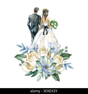 Aquarellweihnachtliches Arrangement mit einer Kerze in einem Glashalter, Tannenzweigen, roten Rosen und goldenen Feststernen, handgezeichnetes Element für den Winterurlaub Stockfoto